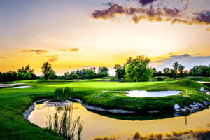 alt="Lush green golf course in a South Florida country club at sunset."